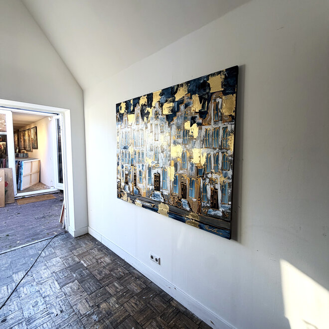Schilderij- 120x150cm - Rick Triest - Amsterdam Herengracht - Blue and Gold XL