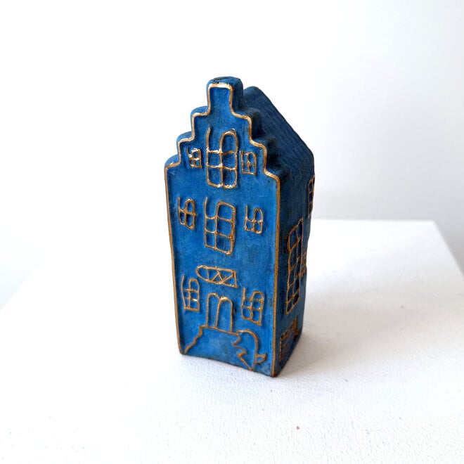 Canalhouses - Rick Triest - Grachtenpand Amsterdam Trapgevel - Brons - 6x5x15 cm - Blue & Gold