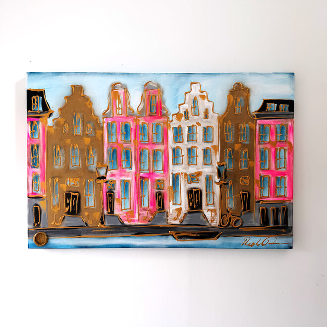 Painting- 80x120x4,5 cm - Amsterdam Herengracht - Pink & Gold