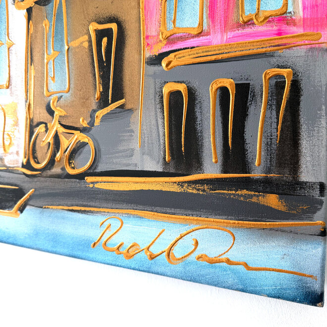 Schilderij- 80x120x4,5 cm - Rick Triest - Amsterdam Herengracht - Pink & Gold