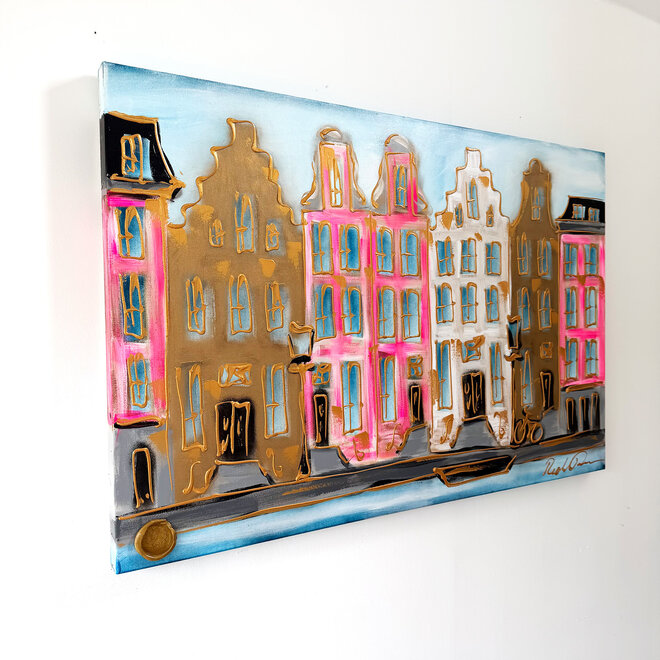 Schilderij- 80x120x4,5 cm - Rick Triest - Amsterdam Herengracht - Pink & Gold