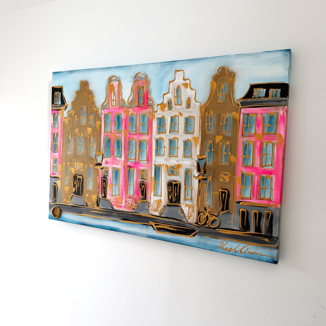 Schilderij- 80x120x4,5 cm - Rick Triest - Amsterdam Herengracht - Pink & Gold