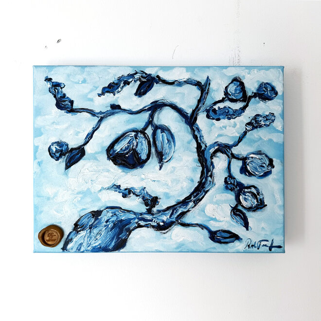Olieverf schilderij- 30x40x4,5 cm - Amandelbloesem - Prussian Blue - mini