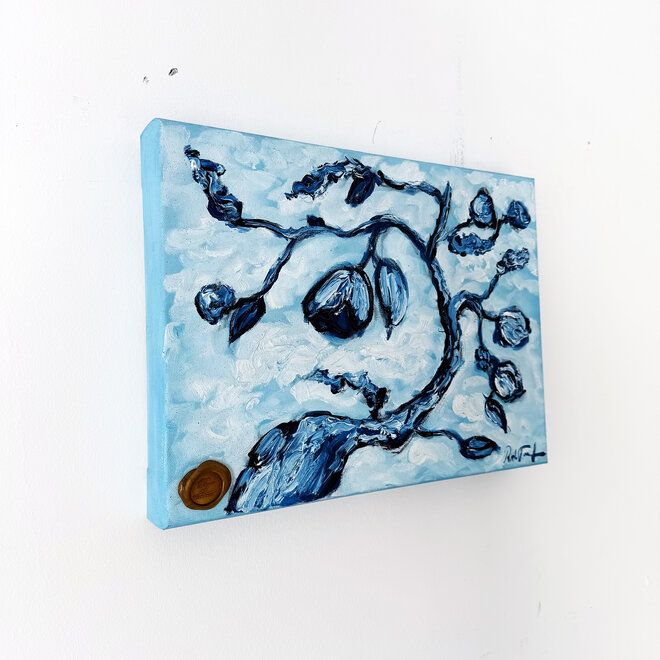Olieverf schilderij- 30x40x4,5 cm - Amandelbloesem - Prussian Blue - mini
