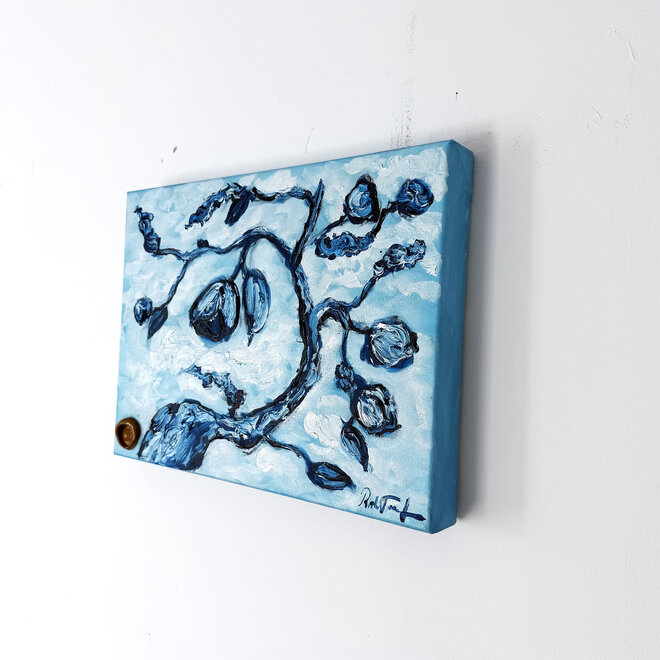 Olieverf schilderij- 30x40x4,5 cm - Amandelbloesem - Prussian Blue - mini