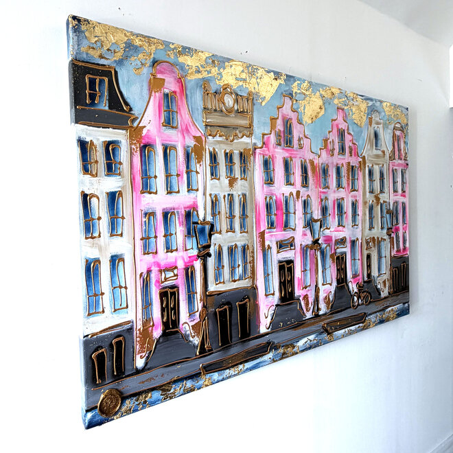 Schilderij- Rick Triest - 100x150 cm - Amsterdam Signature Gold Series - Prinsengracht - Blue & Gold # 1252 - Copy