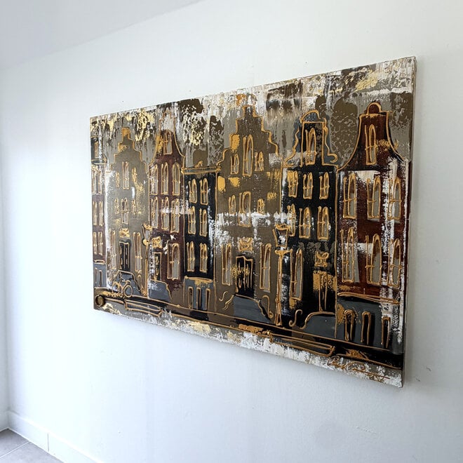 Painting- 100x150cm - Rick Triest - Amsterdam LUXURY style - grachten gevels in omber & Gold #19