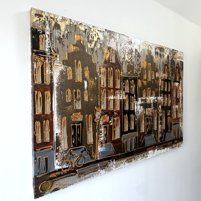 Painting- 100x150cm - Rick Triest - Amsterdam LUXURY style - grachten gevels in omber & Gold #19