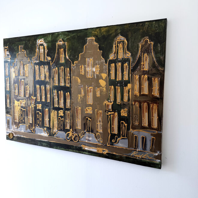 Schilderij- 100x150cm - Rick Triest - Amsterdam Herengracht -Blue & Gold -green