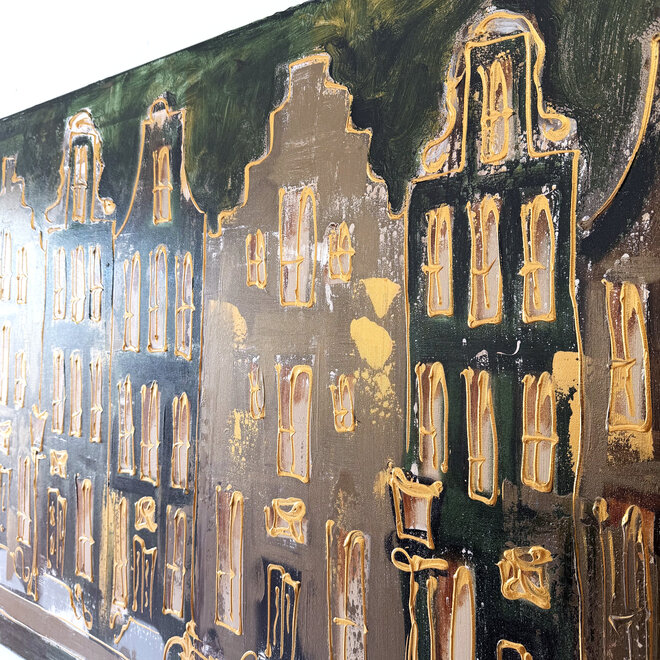 Schilderij- 100x150cm - Rick Triest - Amsterdam Herengracht -Blue & Gold -green