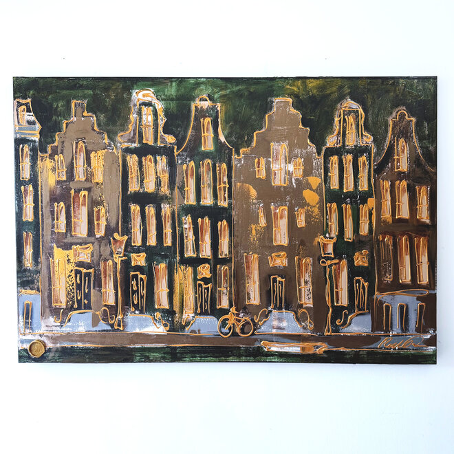 Schilderij- 100x150cm - Amsterdam Herengracht -Blue & Gold -green