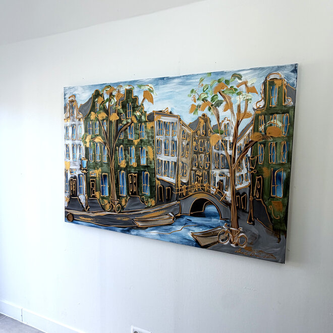 Schilderij- 100x150cm - Rick Triest - Amsterdam Herengracht -Sky Blue and Gold #19