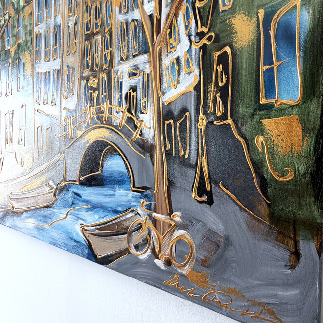 Schilderij- 100x150cm - Rick Triest - Amsterdam Herengracht -Sky Blue and Gold #19