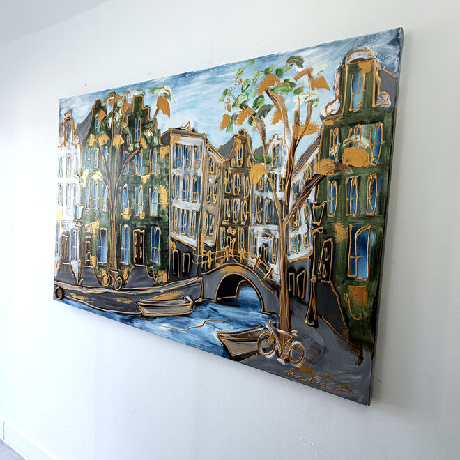 Schilderij- 100x150cm - Rick Triest - Amsterdam Herengracht -Sky Blue and Gold #19
