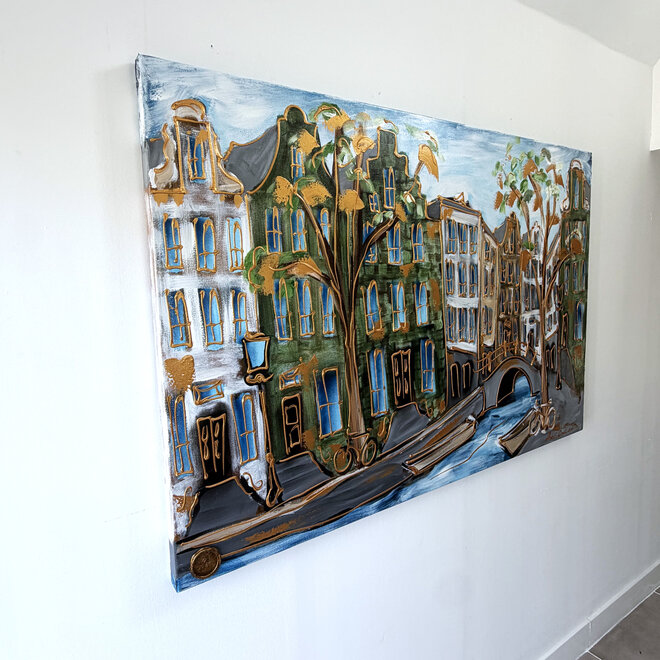 Schilderij- 100x150cm - Rick Triest - Amsterdam Herengracht -Sky Blue and Gold #19