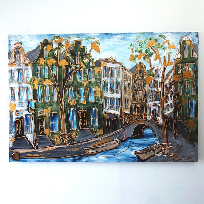 Schilderij- 100x150cm - Amsterdam Herengracht -Sky Blue and Gold #19