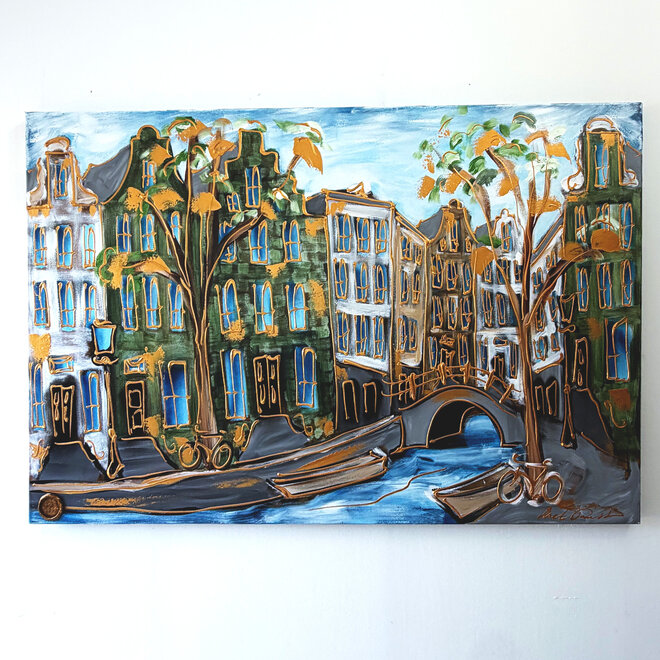 Schilderij- 100x150cm - Rick Triest - Amsterdam Herengracht -Sky Blue and Gold #19
