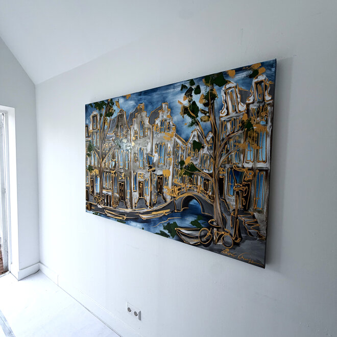 Schilderij- Rick Triest - 100x150 cm  - Amsterdam Signature Gold Series - Prinsengracht - Blue & Gold # 1254