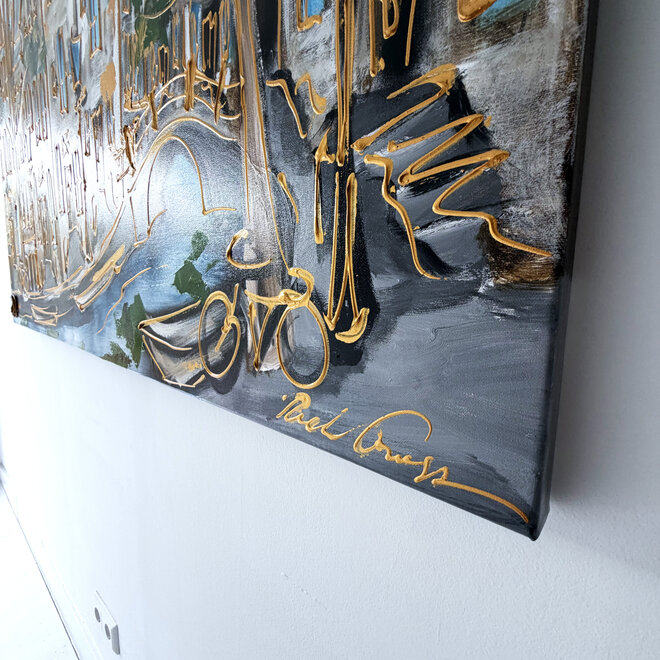 Schilderij- Rick Triest - 100x150 cm  - Amsterdam Signature Gold Series - Prinsengracht - Blue & Gold # 1254