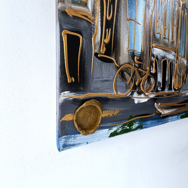 Schilderij- Rick Triest - 100x150 cm  - Amsterdam Signature Gold Series - Prinsengracht - Blue & Gold # 1254