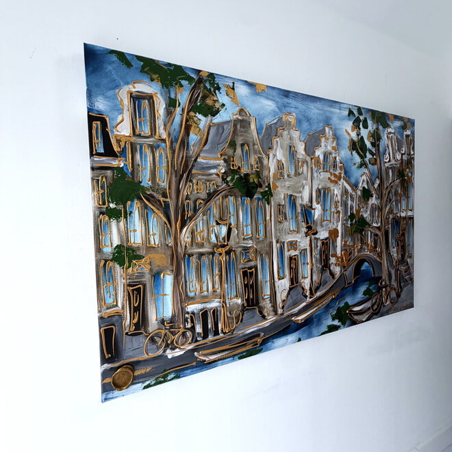 Painting - Rick Triest - 100x150 cm - Amsterdam Signature Gold Series - Prinsengracht - Blue & Gold # 1254