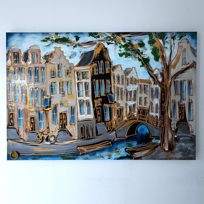 Painting - Rick Triest - 100x150 cm - Amsterdam Signature Gold Series - Prinsengracht - Blue & Gold # 1255