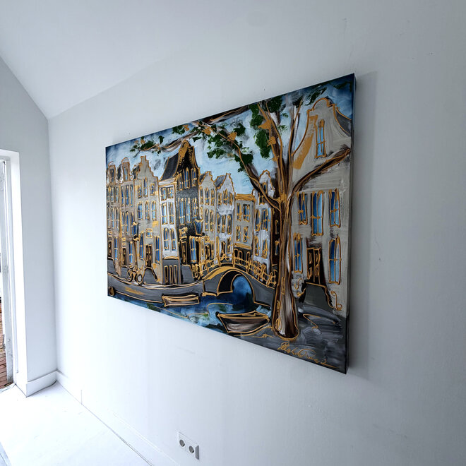 Schilderij- Rick Triest - 100x150 cm  - Amsterdam Signature Gold Series - Prinsengracht - Blue & Gold # 1255