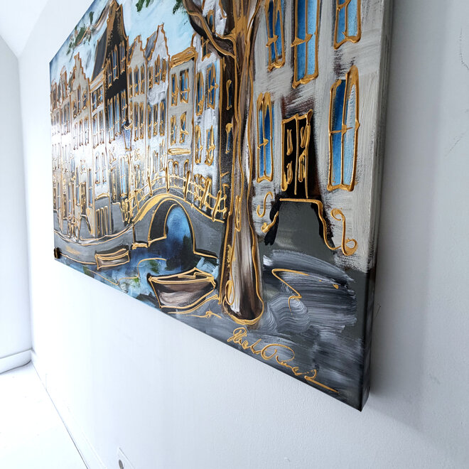 Schilderij- Rick Triest - 100x150 cm  - Amsterdam Signature Gold Series - Prinsengracht - Blue & Gold # 1255