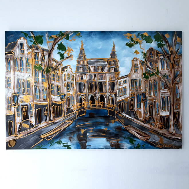 Schilderij- 100x150 cm  - Amsterdam Signature Gold Series - Spiegelgracht - Blue & Gold # 1256 - Rijksmuseum