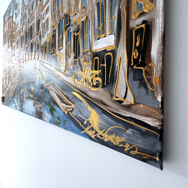 Painting - Rick Triest - 100x150 cm - Amsterdam Signature Gold Series - Spiegelgracht - Blue & Gold # 1256 - Rijksmuseum