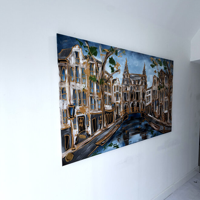 Schilderij- Rick Triest - 100x150 cm - Amsterdam Signature Gold Series - Spiegelgracht - Blue & Gold # 1256 - Rijksmuseum