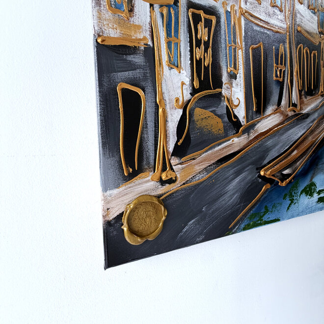 Painting - Rick Triest - 100x150 cm - Amsterdam Signature Gold Series - Spiegelgracht - Blue & Gold # 1256 - Rijksmuseum