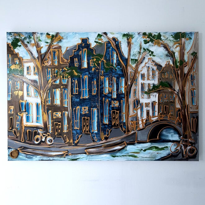 Painting- 100x150 cm - Amsterdam Signature Gold Series - Prinsengracht - Blue & Gold # 1262