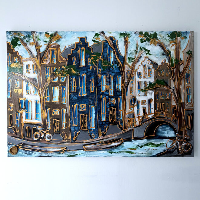 Schilderij- 100x150 cm  - Amsterdam Signature Gold Series - Prinsengracht - Blue & Gold # 1262
