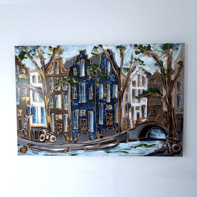 Painting - Rick Triest - 100x150 cm - Amsterdam Signature Gold Series - Prinsengracht - Blue & Gold # 1262