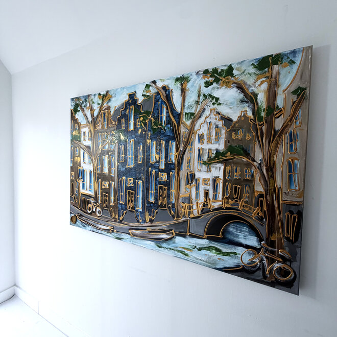 Painting - Rick Triest - 100x150 cm - Amsterdam Signature Gold Series - Prinsengracht - Blue & Gold # 1262
