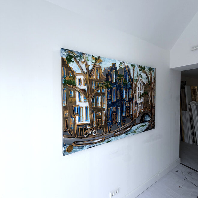 Schilderij- Rick Triest - 100x150 cm - Amsterdam Signature Gold Series - Prinsengracht - Blue & Gold # 1262
