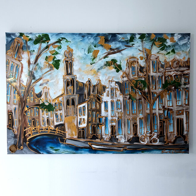 Schilderij- 100x150 cm  - Amsterdam Signature Gold Series - Prinsengracht - Blue & Gold # 1264 - Westertoren
