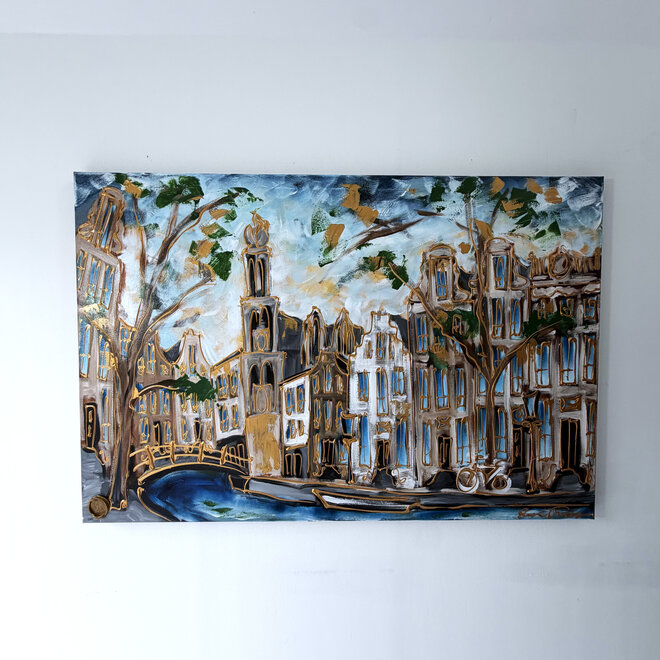Schilderij- Rick Triest - 100x150 cm - Amsterdam Signature Gold Series - Prinsengracht - Blue & Gold # 1264 - Westertoren