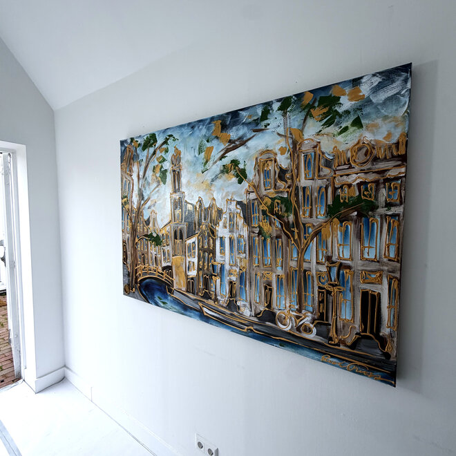 Schilderij- Rick Triest - 100x150 cm - Amsterdam Signature Gold Series - Prinsengracht - Blue & Gold # 1264 - Westertoren