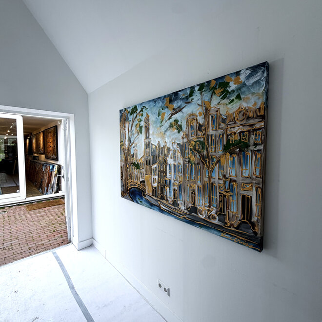 Painting - Rick Triest - 100x150 cm - Amsterdam Signature Gold Series - Prinsengracht - Blue & Gold # 1264 - Westertoren