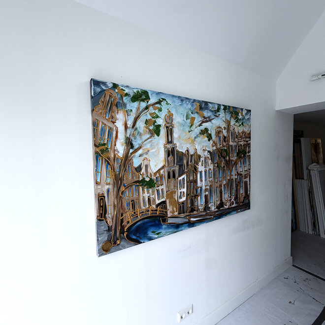 Painting - Rick Triest - 100x150 cm - Amsterdam Signature Gold Series - Prinsengracht - Blue & Gold # 1264 - Westertoren