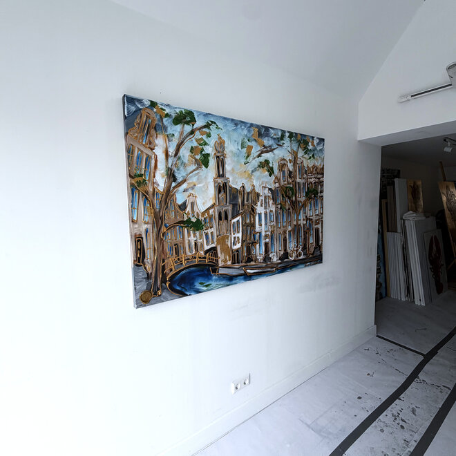 Schilderij- Rick Triest - 100x150 cm - Amsterdam Signature Gold Series - Prinsengracht - Blue & Gold # 1264 - Westertoren