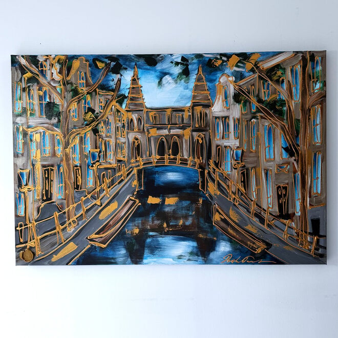 Painting- 100x150 cm - Amsterdam Signature Gold Series - Spiegelgracht - Blue & Gold # 1266 - Rijksmuseum