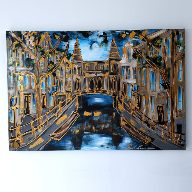 Schilderij- Rick Triest - 100x150 cm - Amsterdam Signature Gold Series - Spiegelgracht - Blue & Gold # 1266 - Rijksmuseum