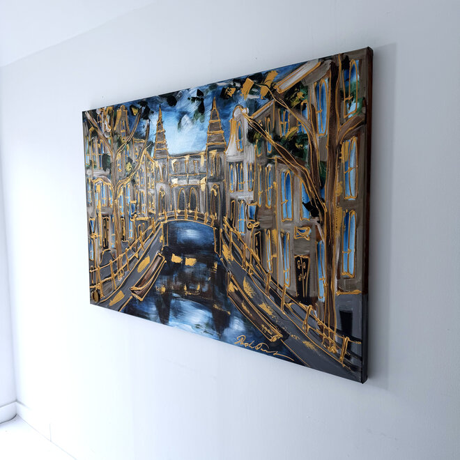 Painting - Rick Triest - 100x150 cm - Amsterdam Signature Gold Series - Spiegelgracht - Blue & Gold # 1266 - Rijksmuseum