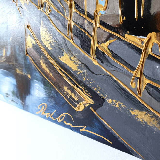 Painting - Rick Triest - 100x150 cm - Amsterdam Signature Gold Series - Spiegelgracht - Blue & Gold # 1266 - Rijksmuseum
