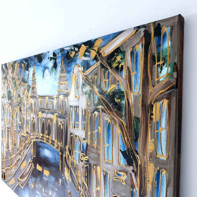 Painting - Rick Triest - 100x150 cm - Amsterdam Signature Gold Series - Spiegelgracht - Blue & Gold # 1266 - Rijksmuseum