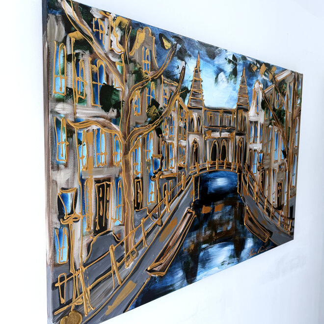 Painting - Rick Triest - 100x150 cm - Amsterdam Signature Gold Series - Spiegelgracht - Blue & Gold # 1266 - Rijksmuseum