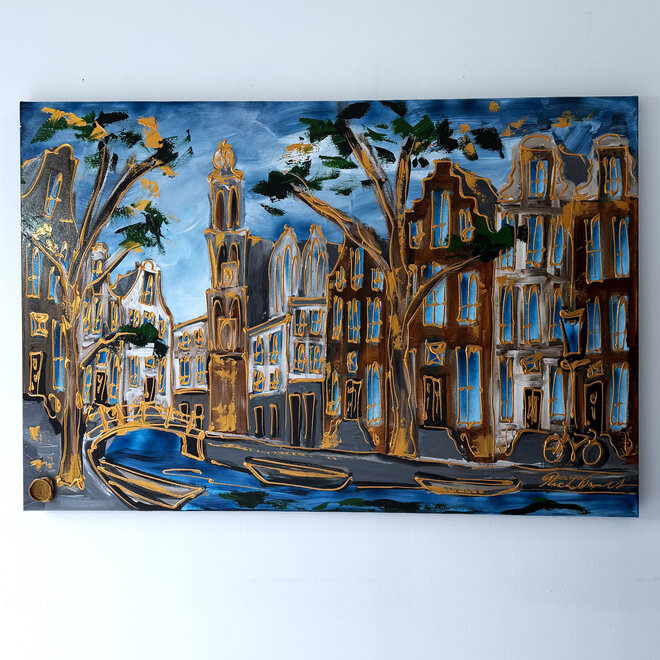 Schilderij- 100x150 cm  - Amsterdam Signature Gold Series - Prinsengracht - Blue & Gold # 1268 - Westertoren